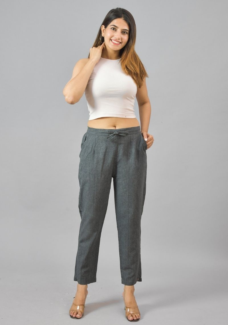 Dark Gray Solid Cotton Flax Trouser Pants