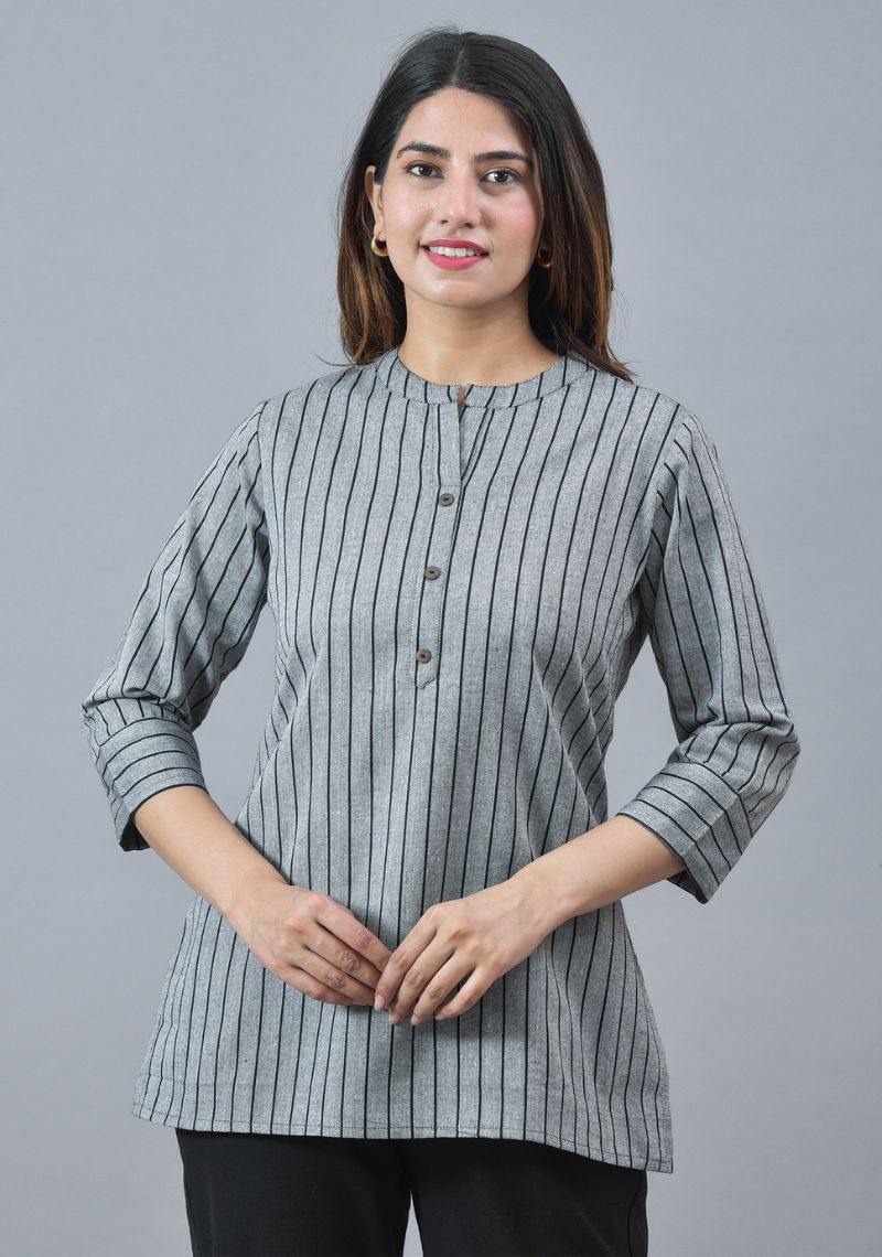 Gray Black Cotton Stripe Women Top