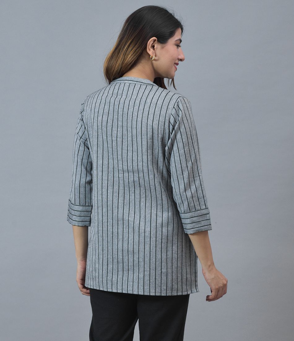 Gray Black Cotton Stripe Women Top