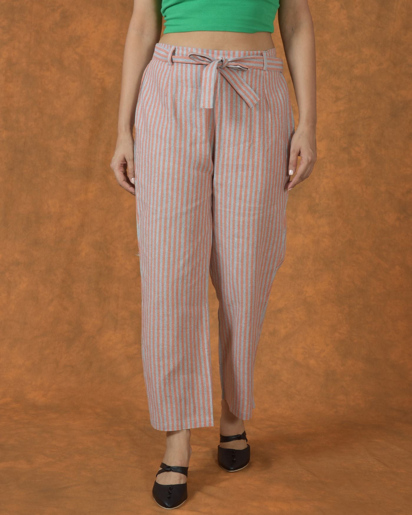 Gray Pink Cotton Stripe Belt Pant