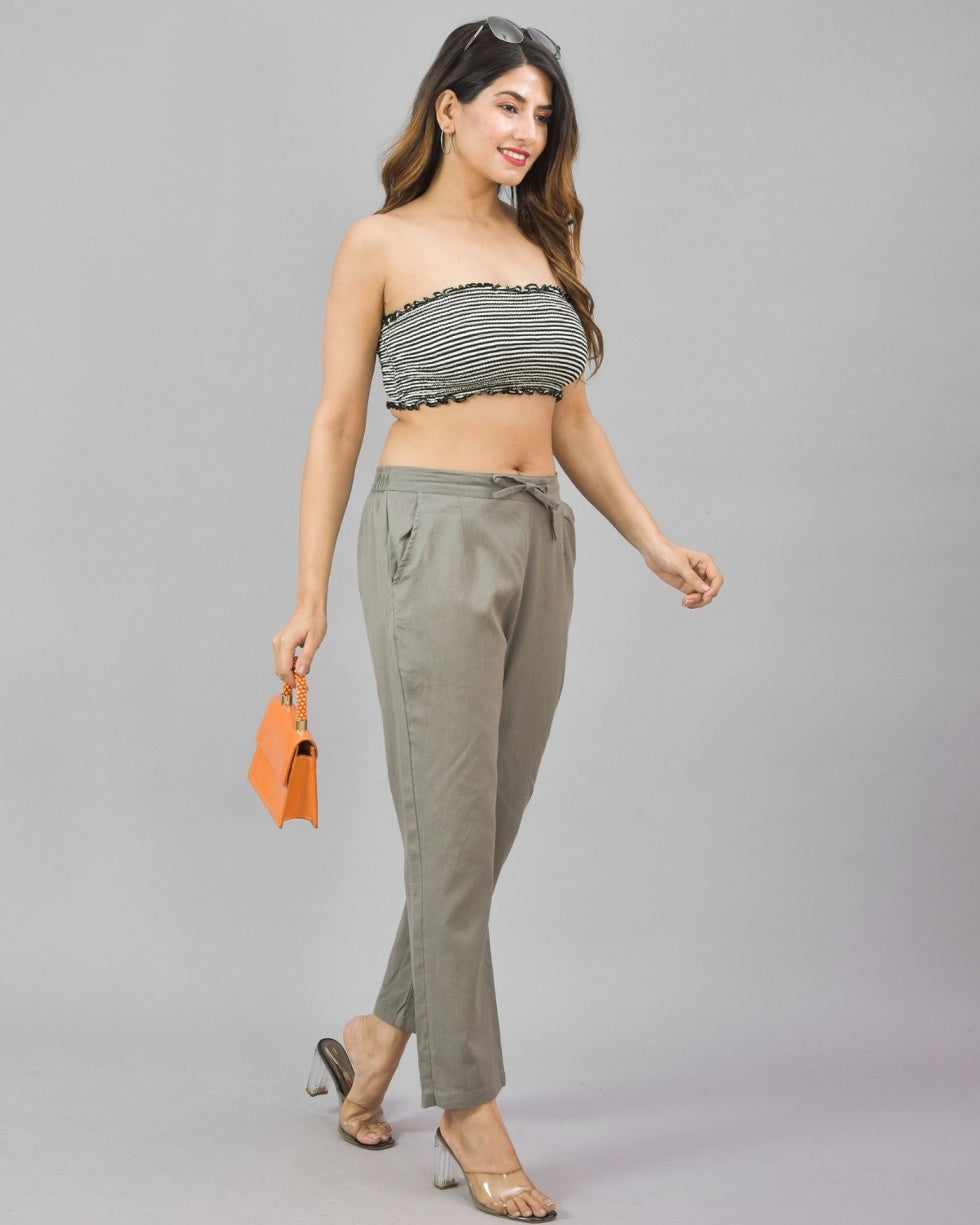 Combo of 2 Gray and Bottle Green Cotton Flax Women Trouser Pant-10339