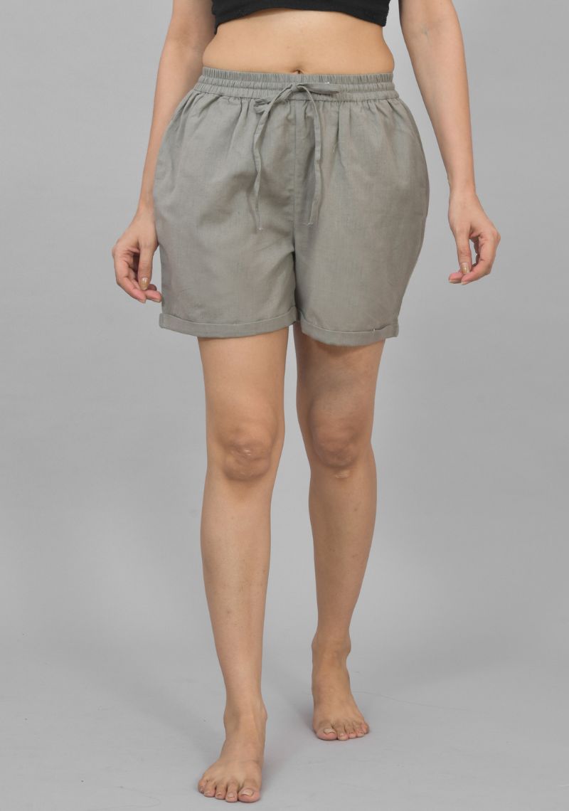 Gray Solid Cotton Shorts