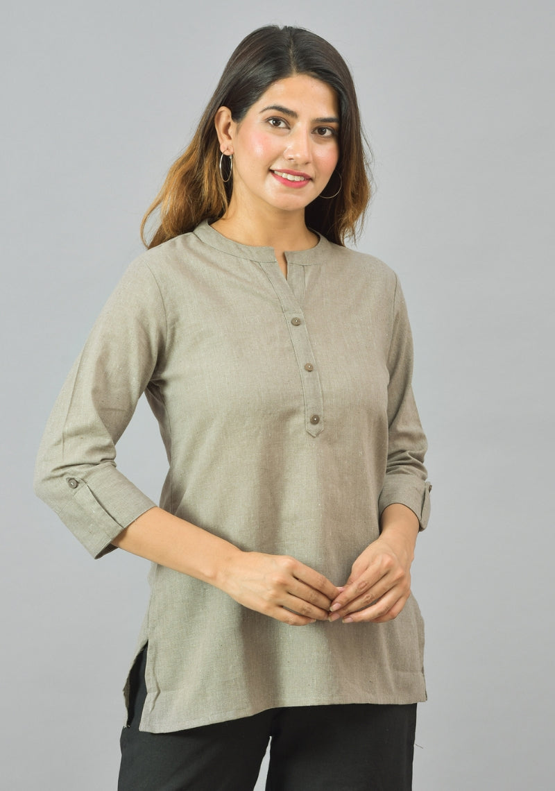 Gray Solid Cotton Women Top