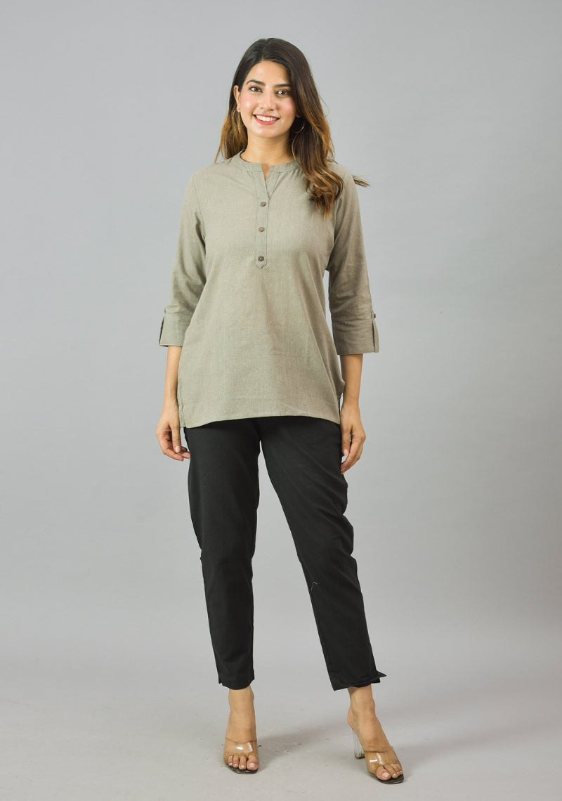 Gray Solid Cotton Women Top