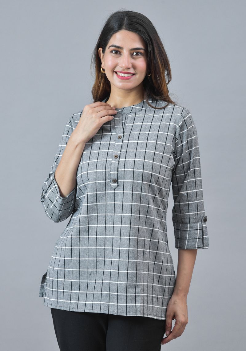 Gray White Cotton Checks Women Top