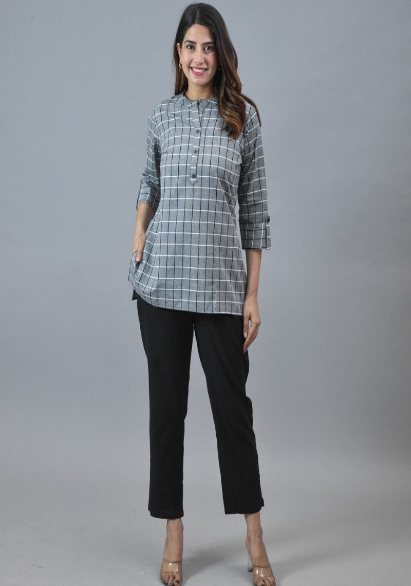 Gray White Cotton Checks Women Top