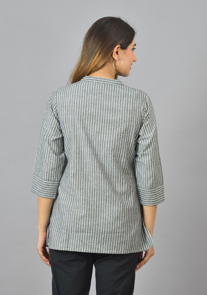 Gray White Cotton Stripe Women Top