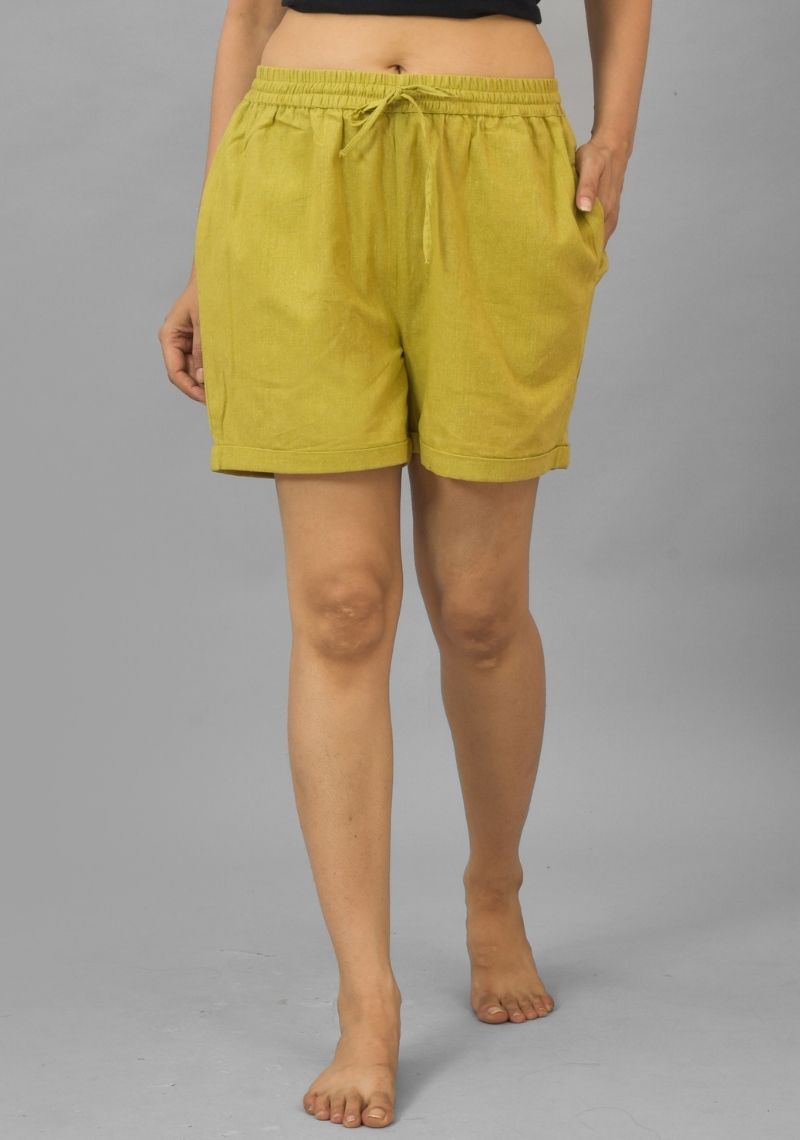 Green Solid Cotton Shorts