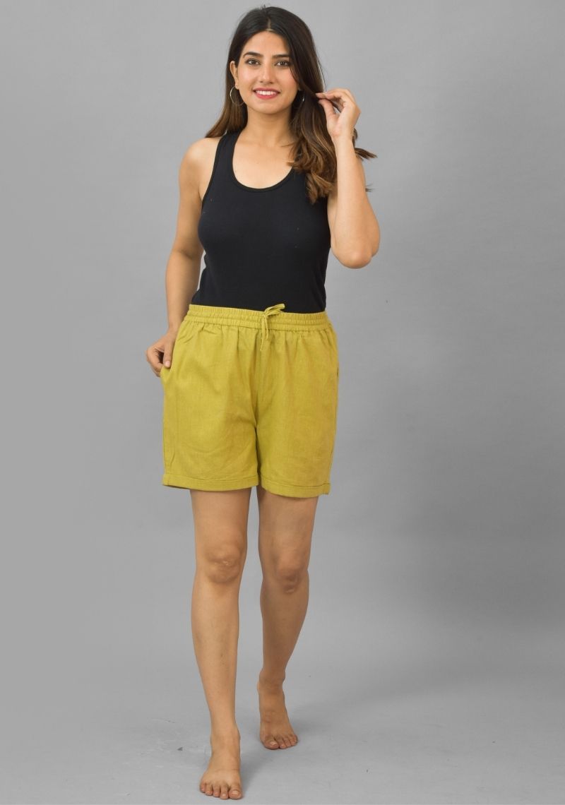 Green Solid Cotton Shorts