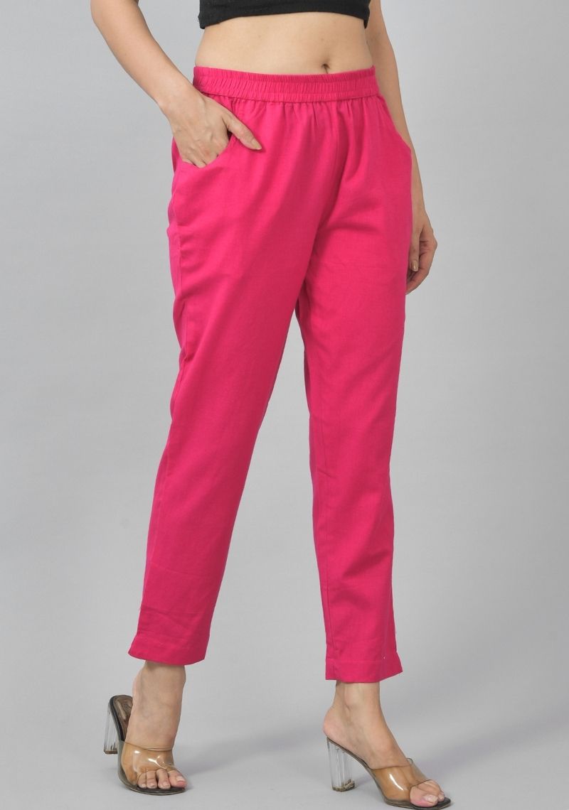 Magenta Pink Solid Cotton Flax Trouser Pants