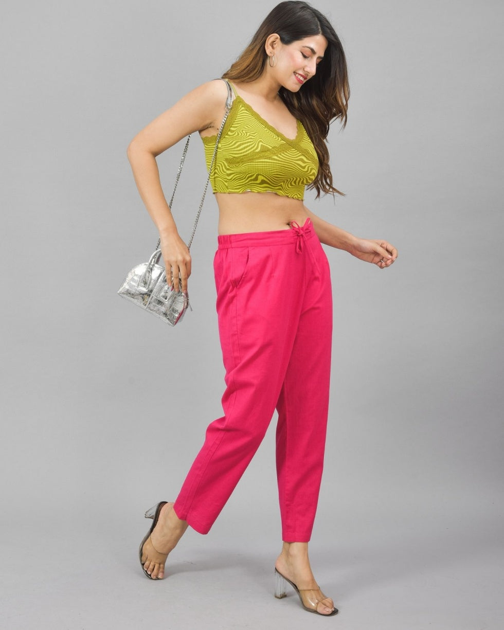 Combo of 2 Magenta Pink and Black Cotton Flax Women Trouser Pant-10330