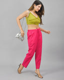 Combo of 2 Olive Green and Magenta Pink Cotton Flax Women Trouser Pant-10378