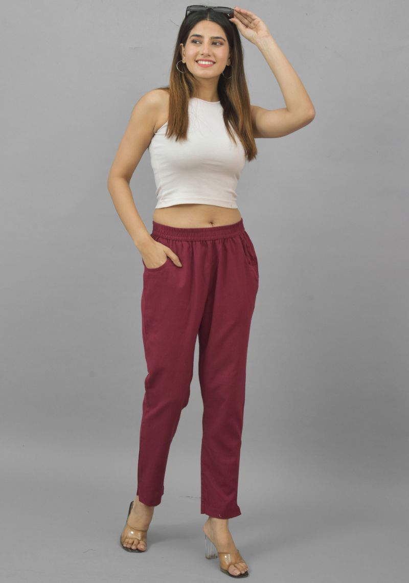 Maroon Solid Cotton Flax Trouser Pants