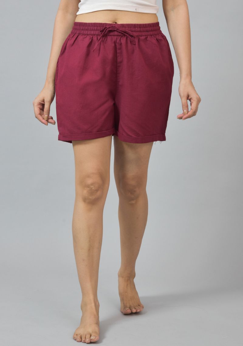 Maroon Solid Cotton Shorts