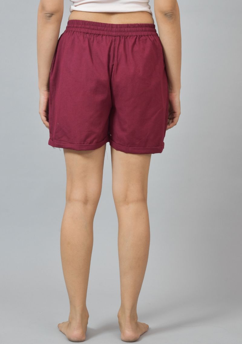 Maroon Solid Cotton Shorts