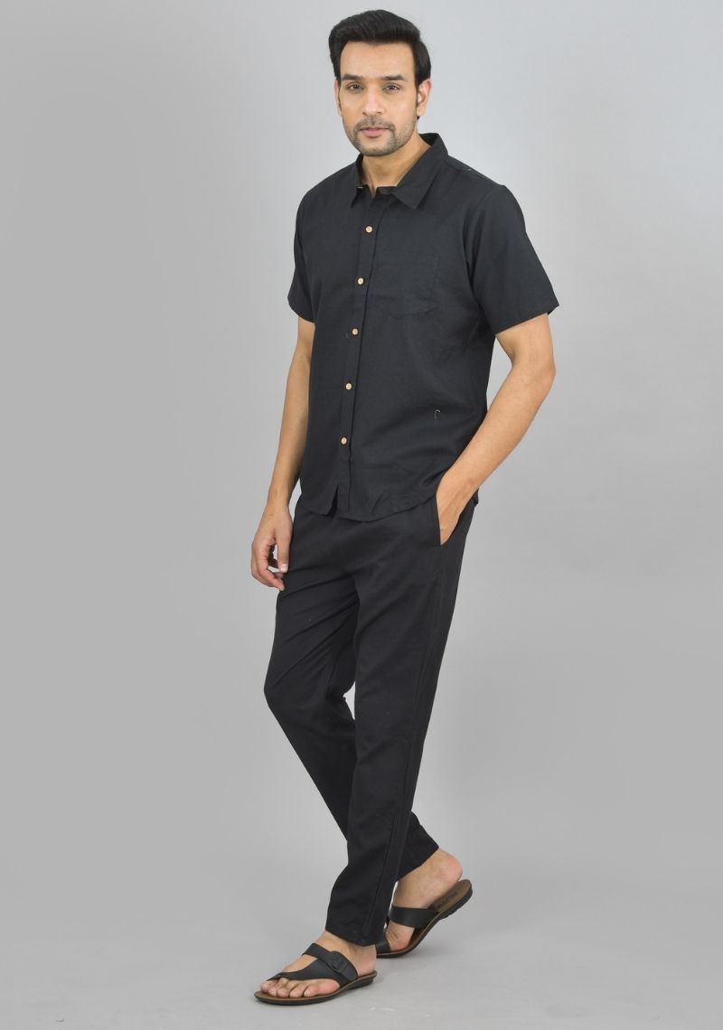 MEN COTTON SHIRT SOLID CO-ORD SET BLACK