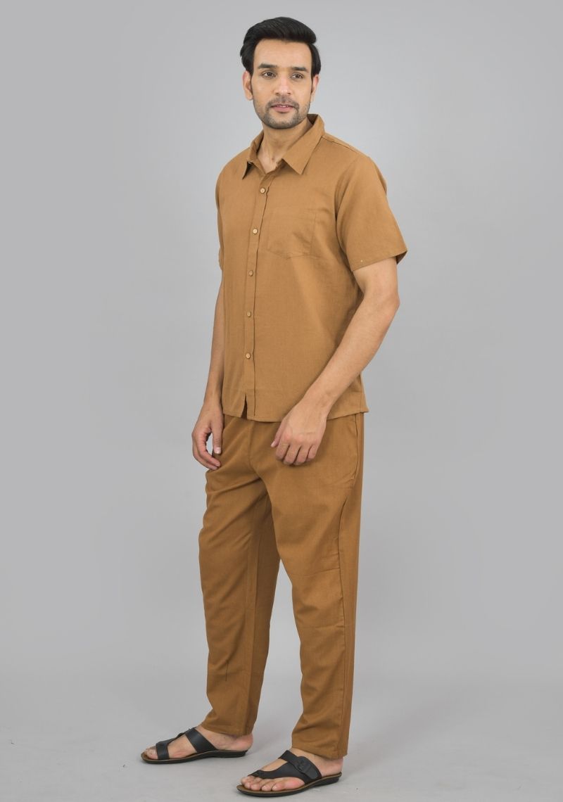 MEN COTTON SHIRT SOLID CO-ORD SET BROWN