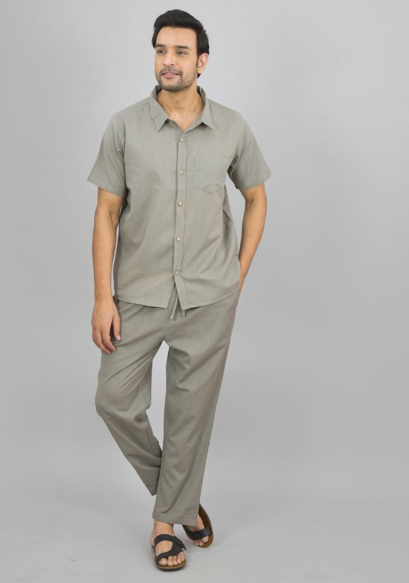 MEN COTTON SHIRT SOLID CO-ORD SET GRAY