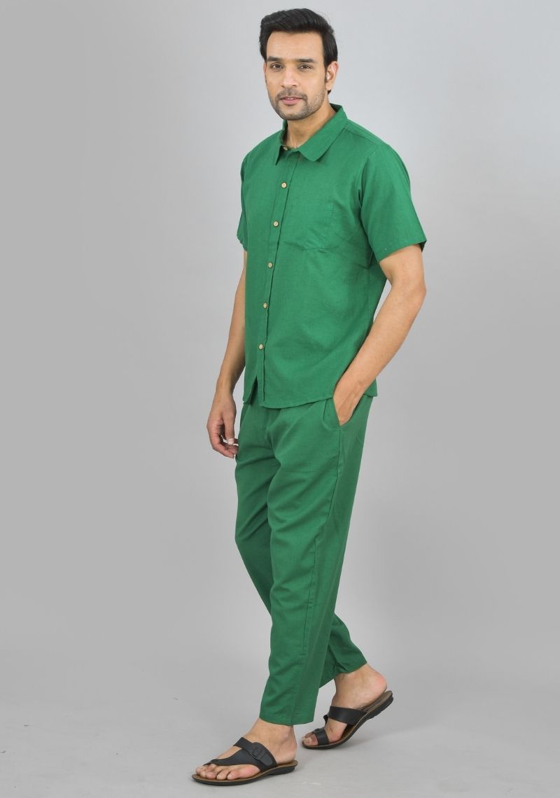 MEN COTTON SHIRT SOLID CO-ORD SET GREEN