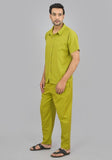 MEN COTTON SHIRT SOLID CO-ORD SET OLIVE GREEN