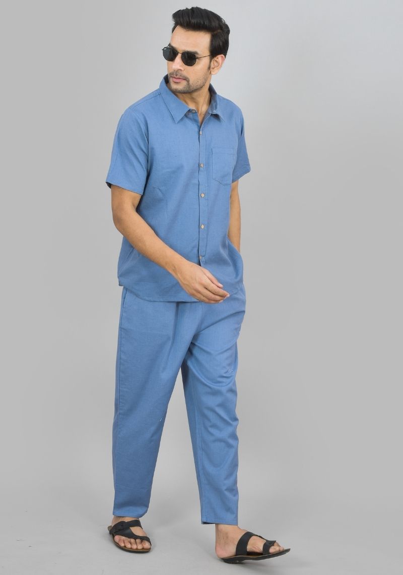 MEN COTTON SHIRT SOLID CO-ORD SET SKY BLUE