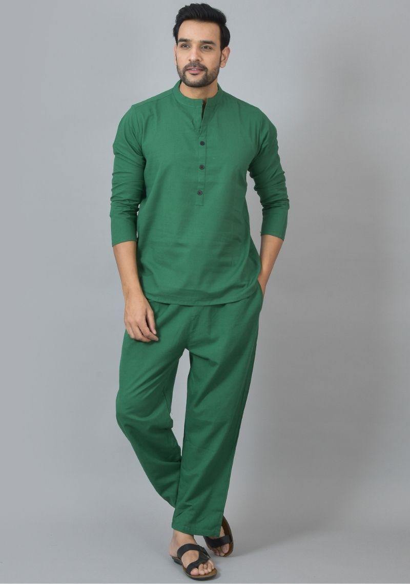 MEN COTTON SOLID CO-ORD SET BOTTLE GREEN-25727