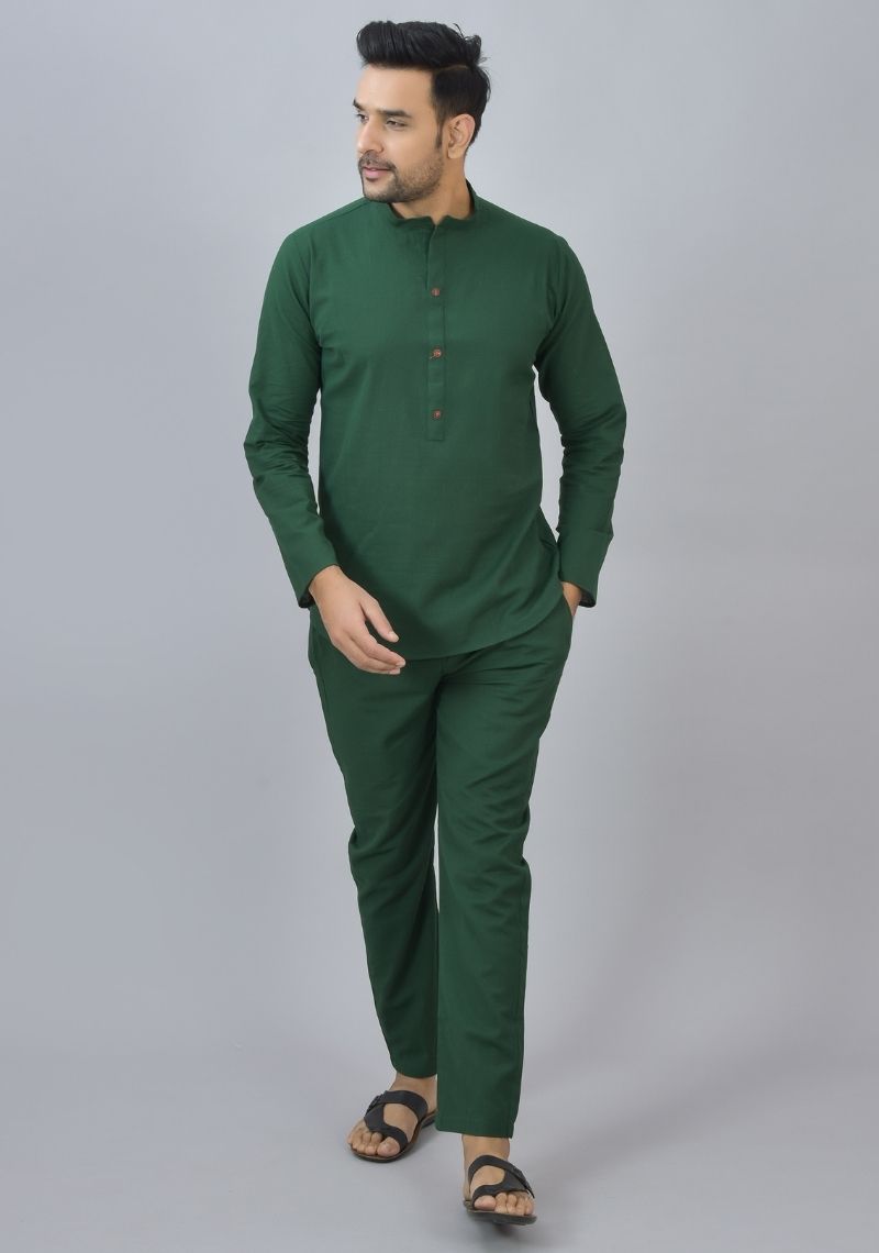 MEN COTTON SOLID CO-ORD SET BOTTLE GREEN