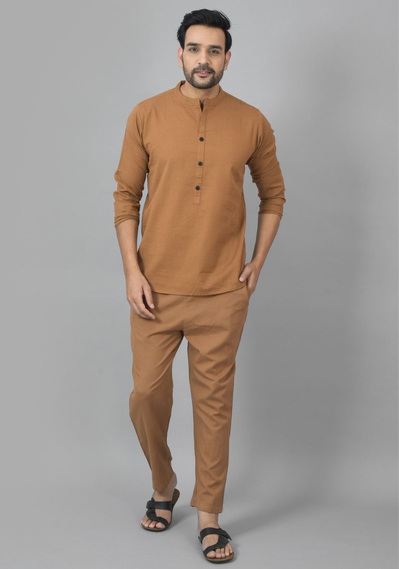 MEN COTTON SOLID CO-ORD SET BROWN