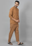 MEN COTTON SOLID CO-ORD SET BROWN