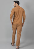 MEN COTTON SOLID CO-ORD SET BROWN