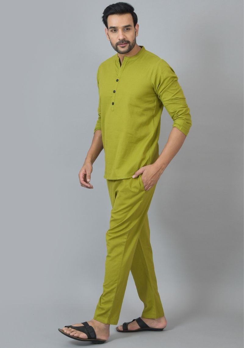 MEN COTTON SOLID CO-ORD SET OLIVE GREEN-25731