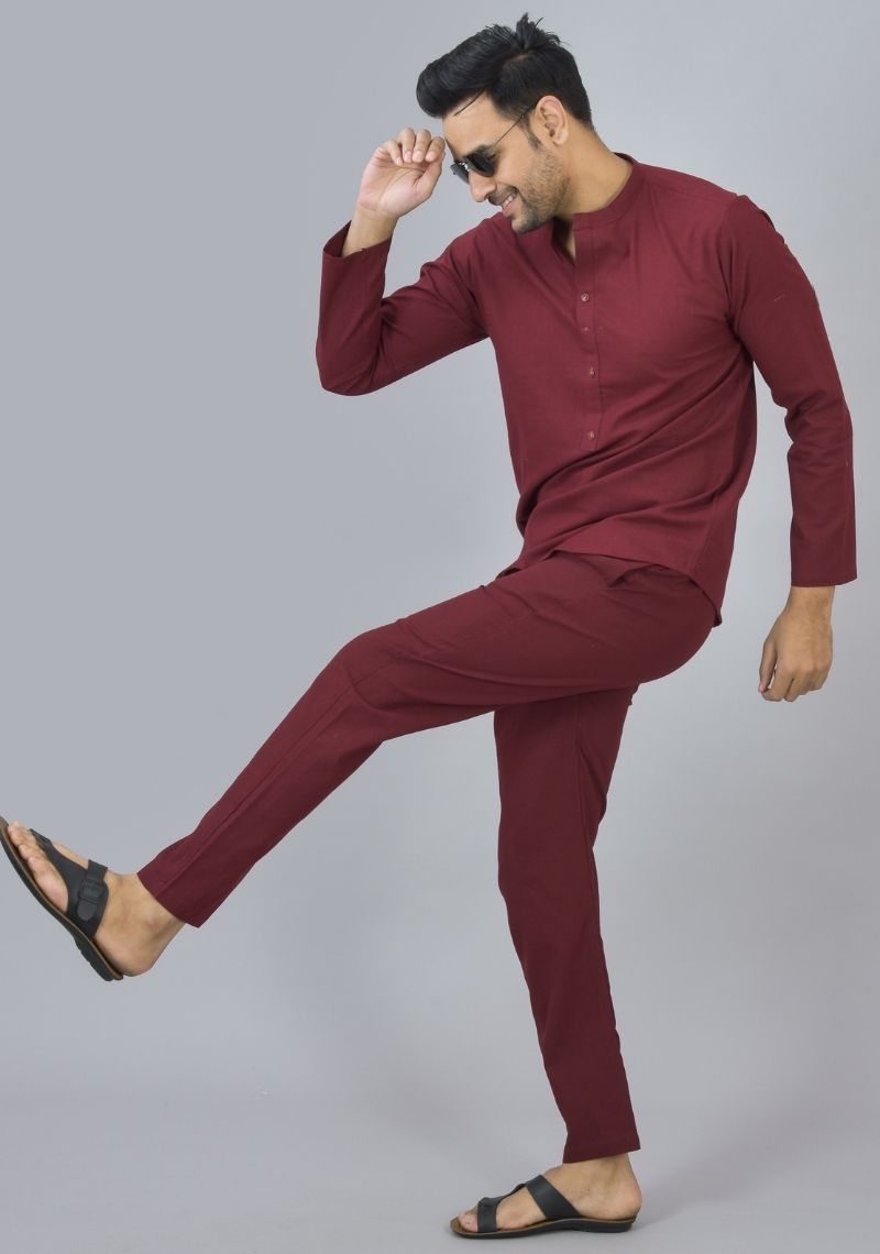 MEN COTTON SOLID CO-ORD SET Maroon-46664