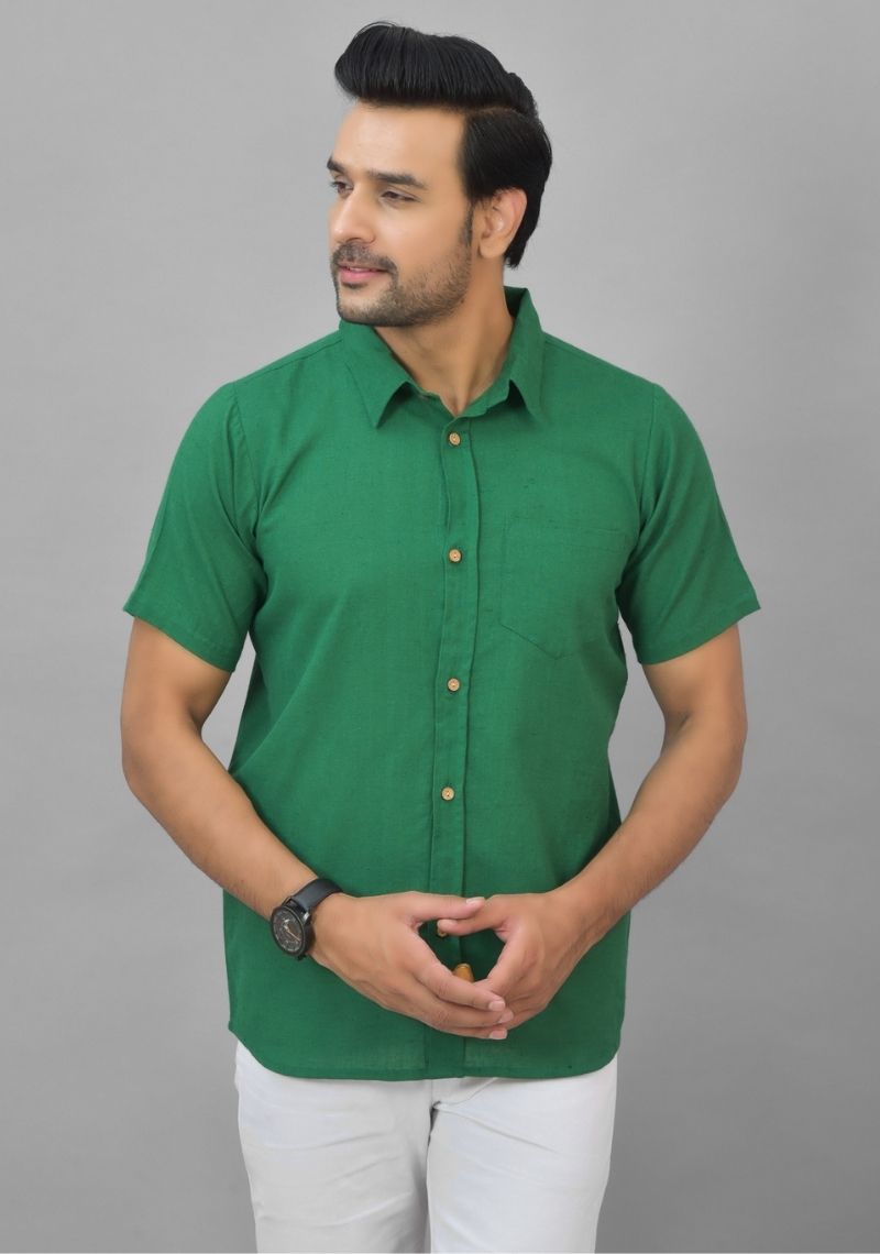 Mens Bottle Green Solid Cotton Shirt