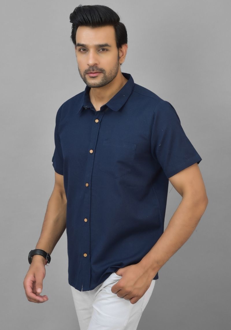 Mens Navy Blue Solid Cotton Shirt