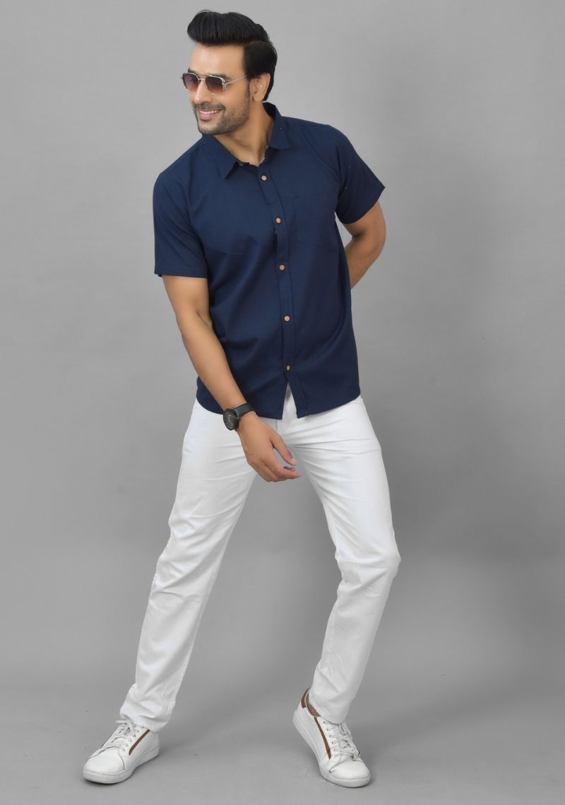 Mens Navy Blue Solid Cotton Shirt