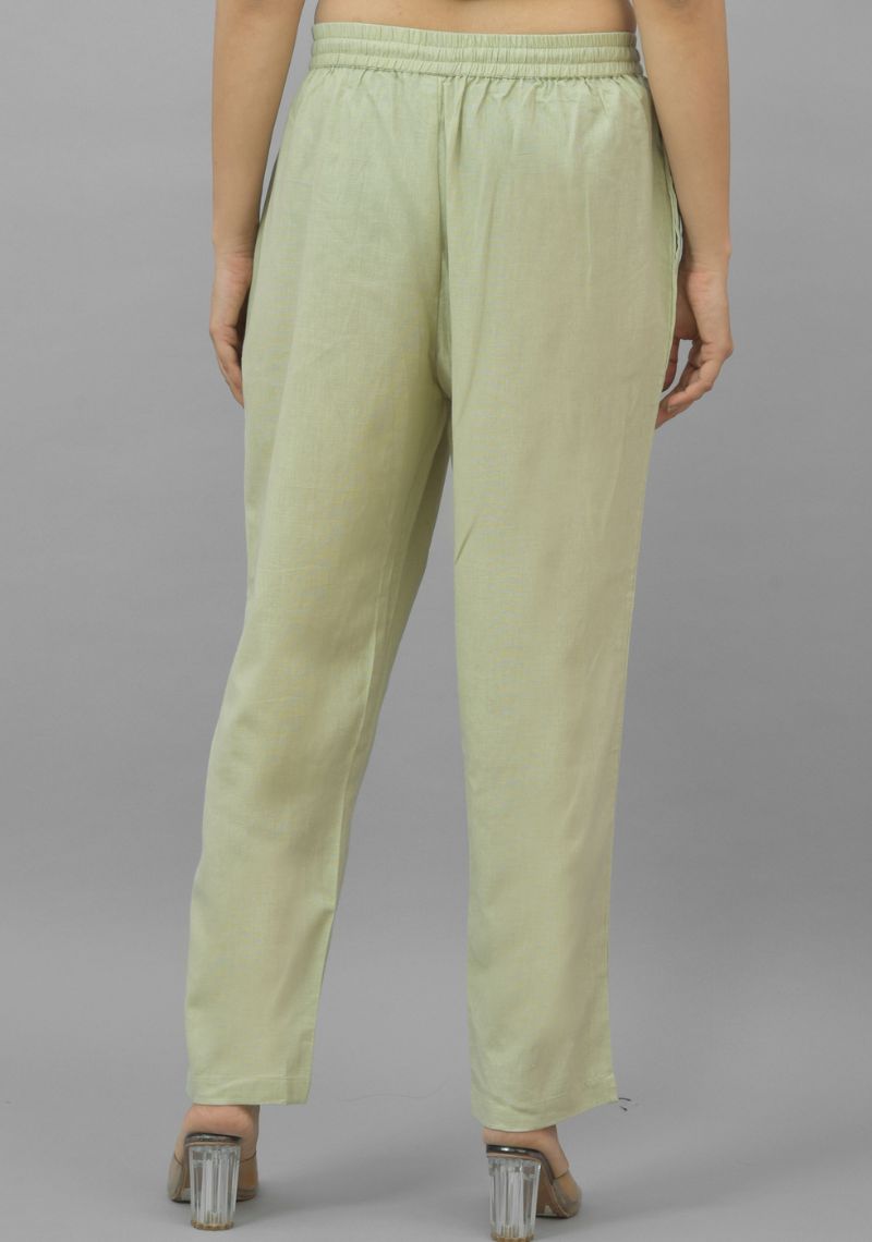 Mint Green Solid Cotton Flax Trouser Pants