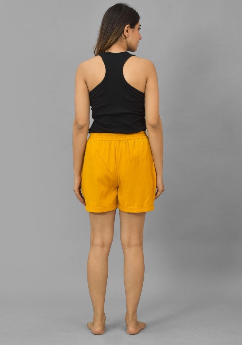 Mustard Yellow Solid Cotton Flax Shorts D To D Style