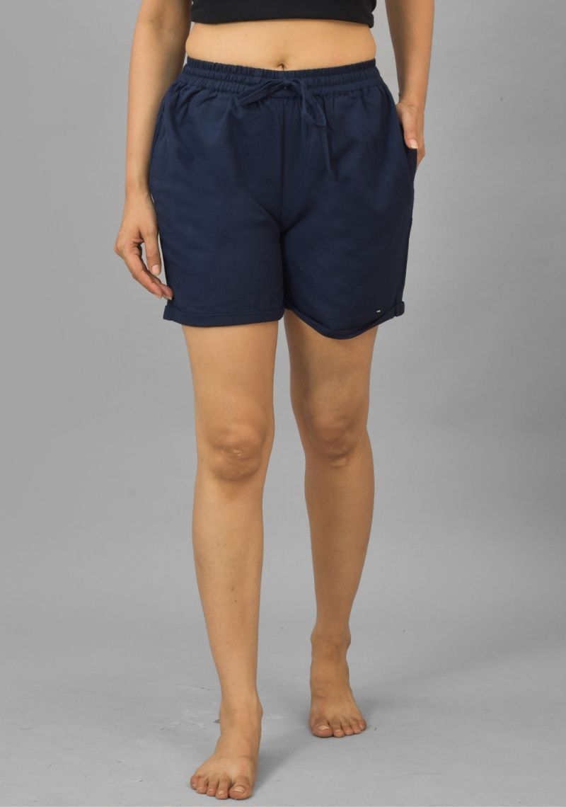 Navy Blue Solid Cotton Flax Shorts