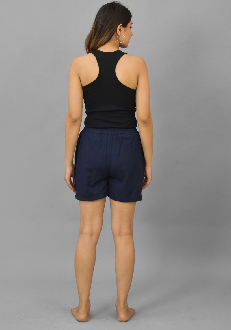 Navy Blue Solid Cotton Flax Shorts