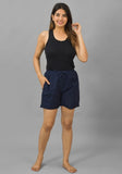 Navy Blue Solid Cotton Flax Shorts