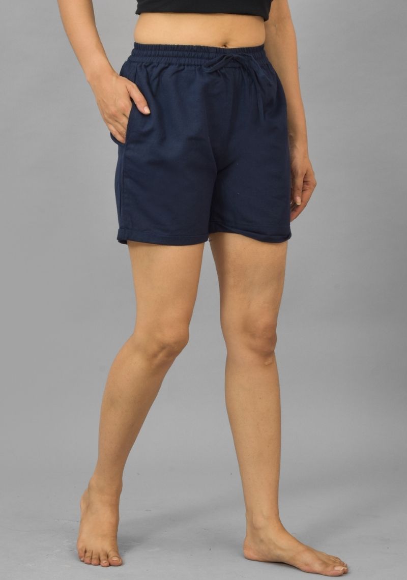 Navy Blue Solid Cotton Flax Shorts