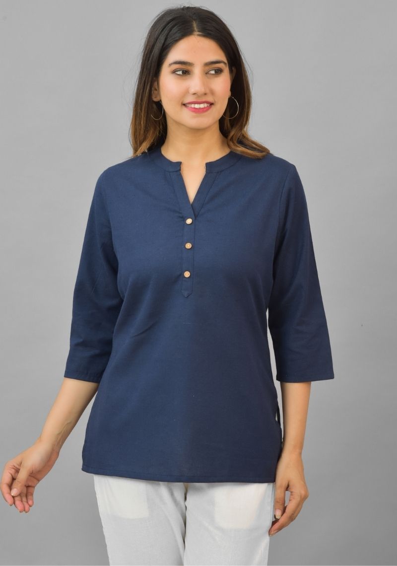 Navy Blue Solid Cotton Flax Women Top