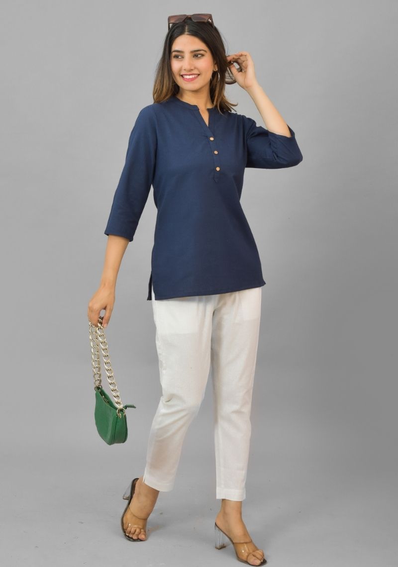 Navy Blue Solid Cotton Flax Women Top