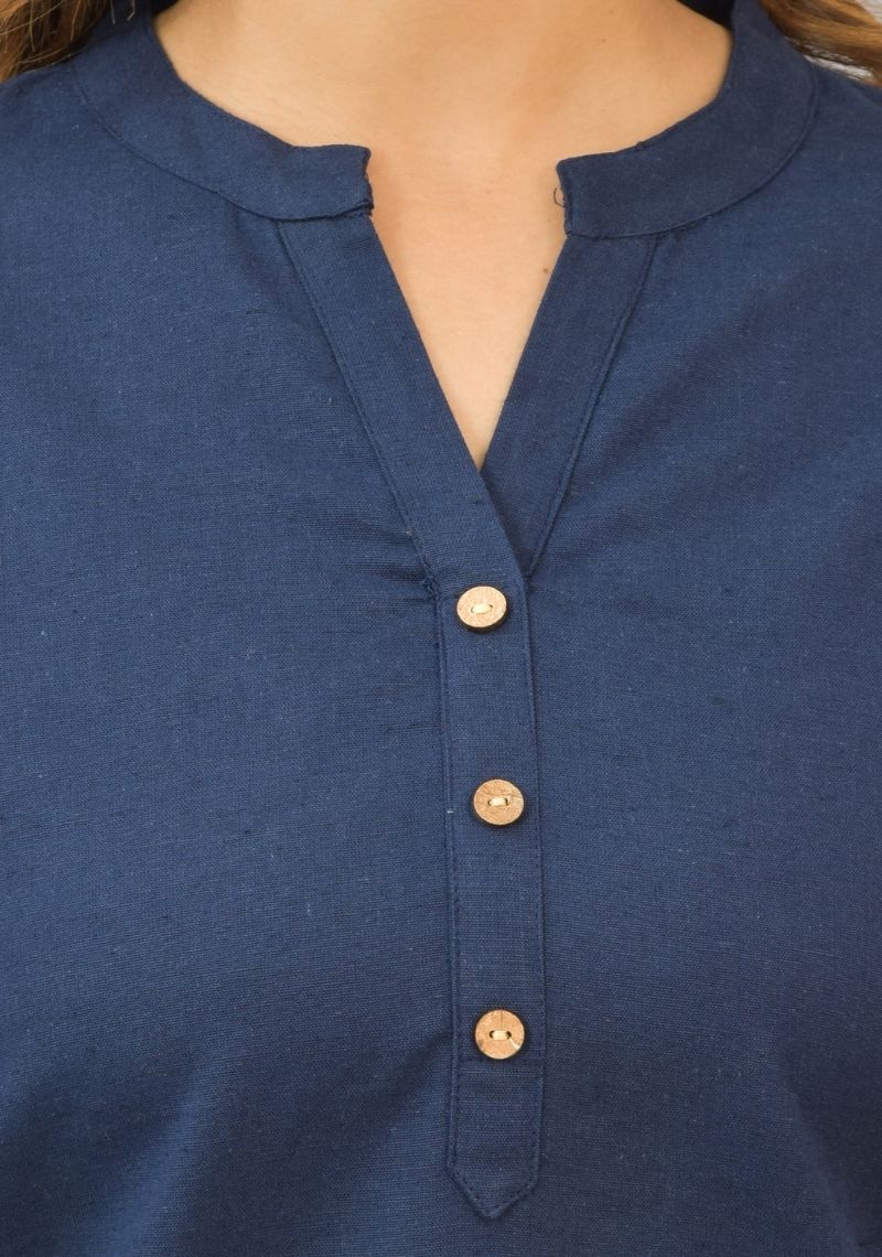 Navy Blue Solid Cotton Flax Women Top