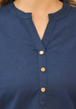 Navy Blue Solid Cotton Flax Women Top