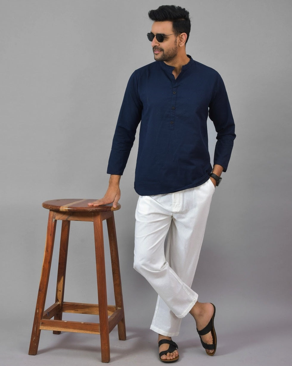 Men Cotton Solid Co-ord Set Navy Blue and White