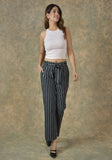 Navy Blue White Cotton Stripe Belt Pant