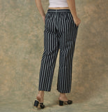 Navy Blue White Cotton Stripe Belt Pant