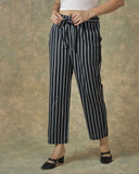 Navy Blue White Cotton Stripe Belt Pant