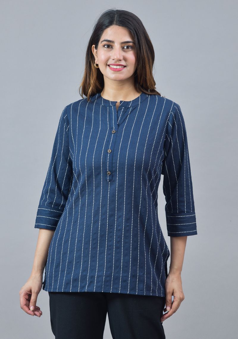 Navy Blue White Cotton Stripe Women Top